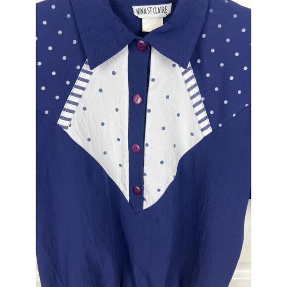 Vintage Nina St Claire Blue Polka Dot Tuxedo Front Sweatshirt Tee 80s M/L - Picture 4 of 6